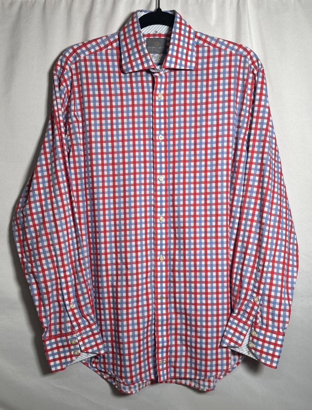 THOMAS DEAN Men's Red Blue Plaid Cotton Button Up Dress Shirt Size Medium